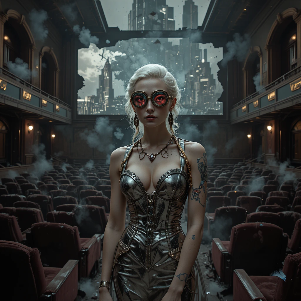 Mujer surrealista con alta costura metálica en un cine abandonado