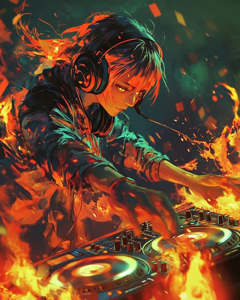 Anime-DJ entfesselt heftige Techniken mit lodernder Energie