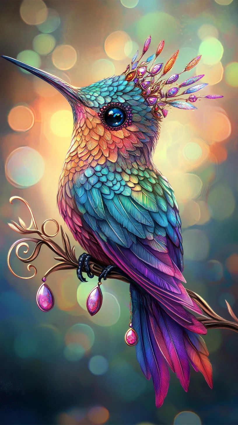 Beija-flor fantástico com coroa de joias em galho luminoso