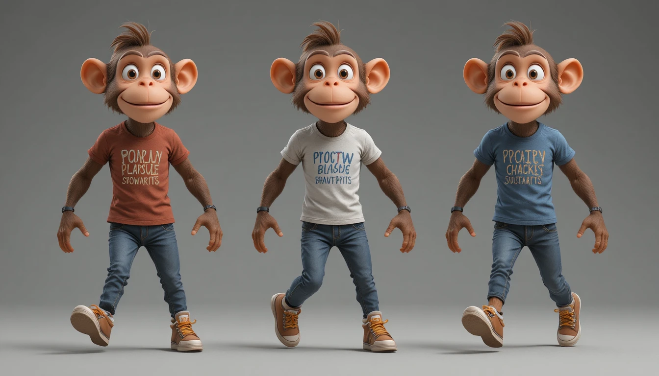 Zeichentrick-Affenfigur in lässiger Jeans und T-Shirt beim Gehen