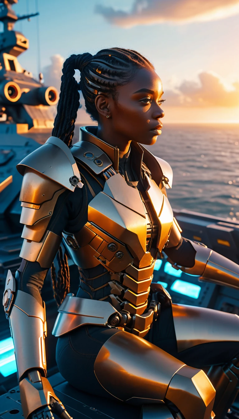 Afrofuturistic warrior girl on mech at sunset coast