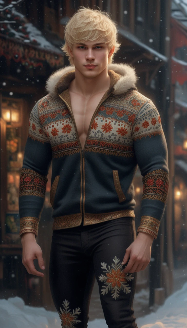 Smiling blond youth in winter folk costume at market