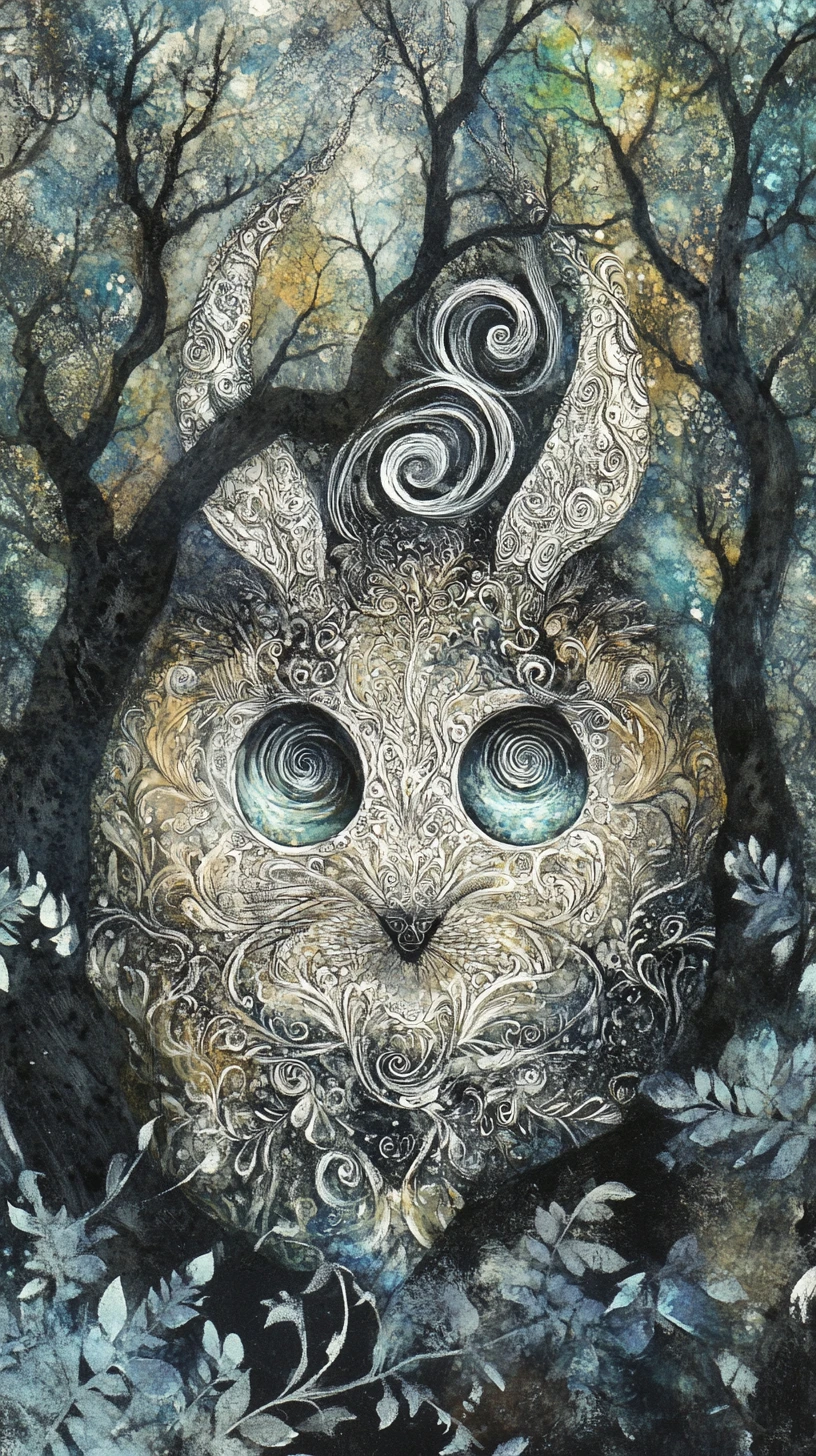 Creatura fantasy mistica con occhi ipnotici vorticosi in un paesaggio onirico