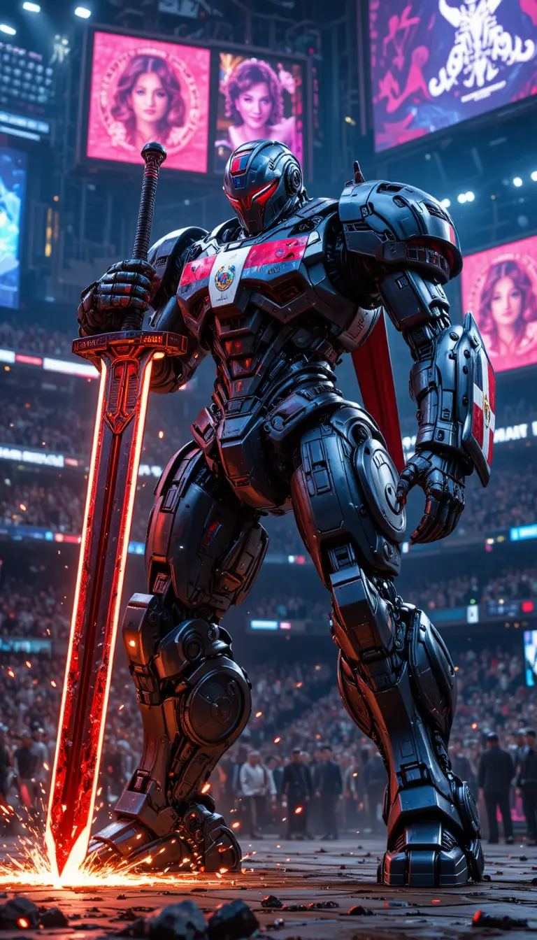 Riesiger gepanzerter Roboterkrieger in futuristischer Kampfarena