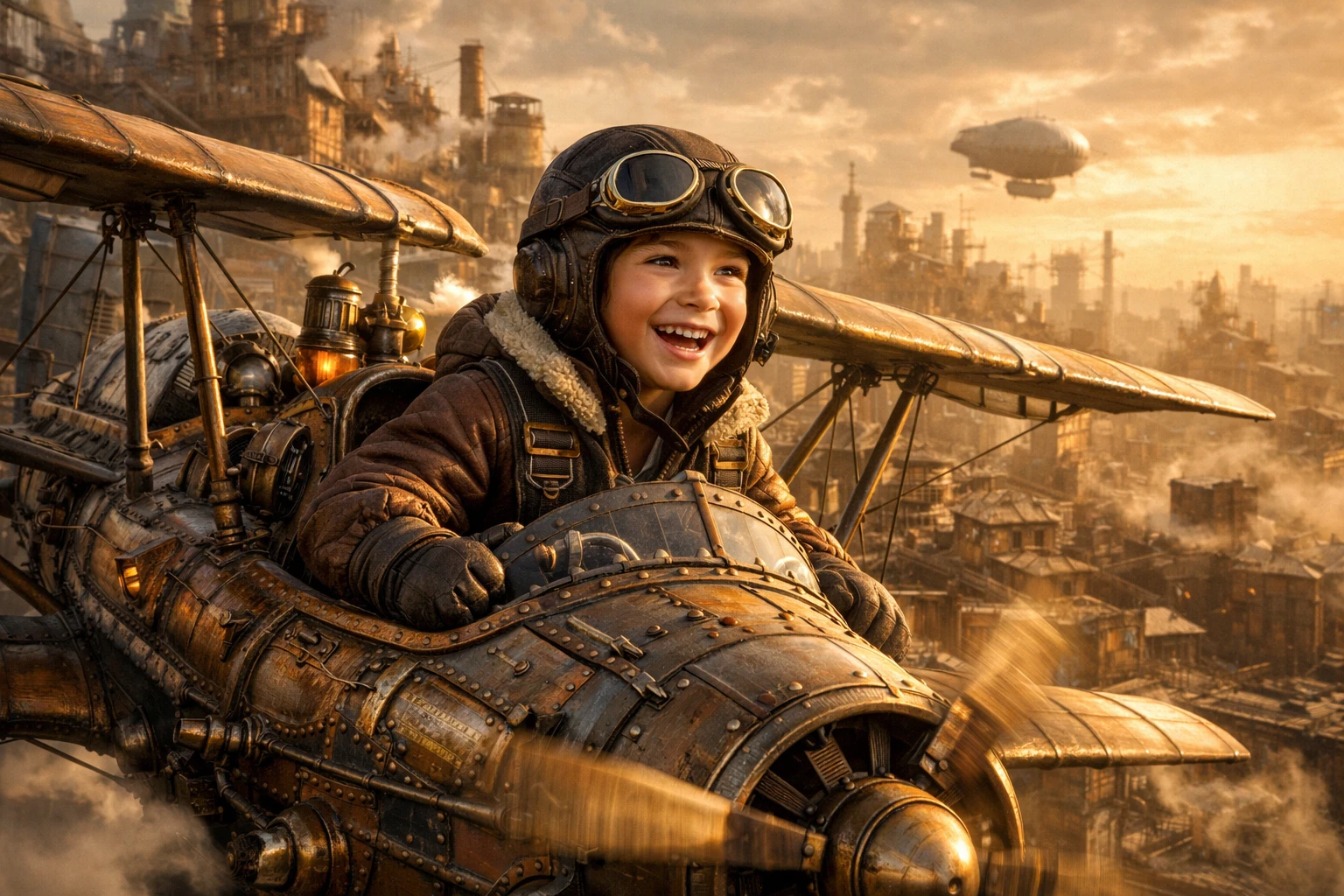 Fröhlicher junger Flieger über einer Steampunk-Stadt