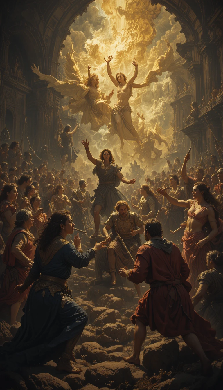 Somber baroque battle scene with dramatic chiaroscuro lighting