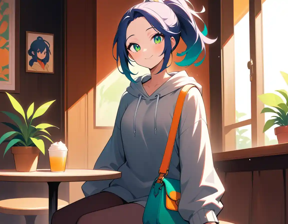 Smiling young woman relaxing at a cozy cafe table