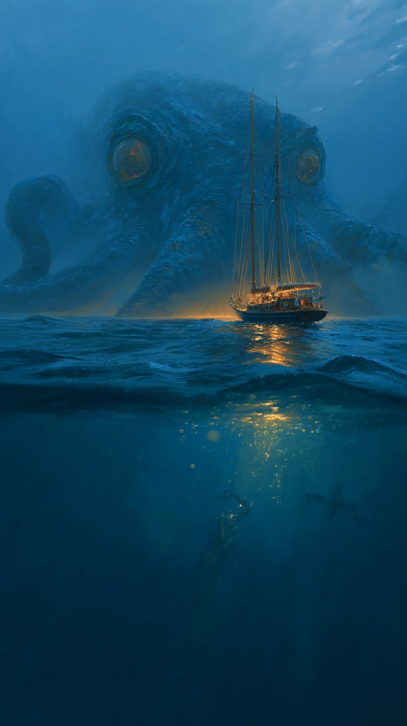 Wooden sailboat above a vast octopus in twilight sea