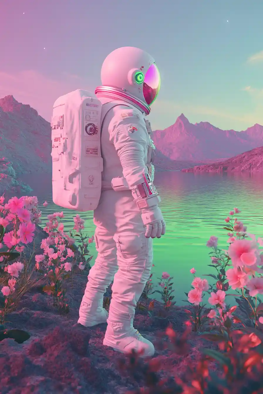 Astronaut On Surreal Alien Planet With Neon Pastel Landscape