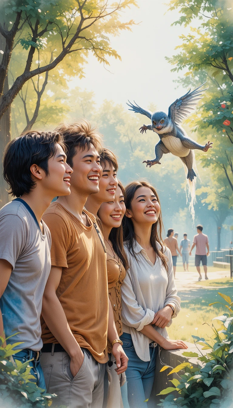 Friends Laughing Together In A Colorful Park Watercolor Scene