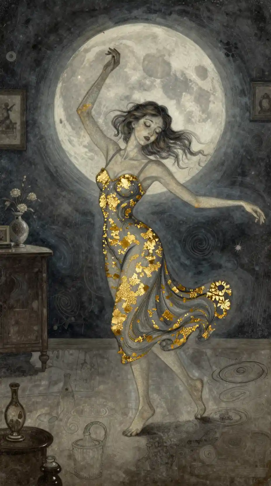 Donna che danza gioiosamente in una stanza vintage illuminata dalla luna