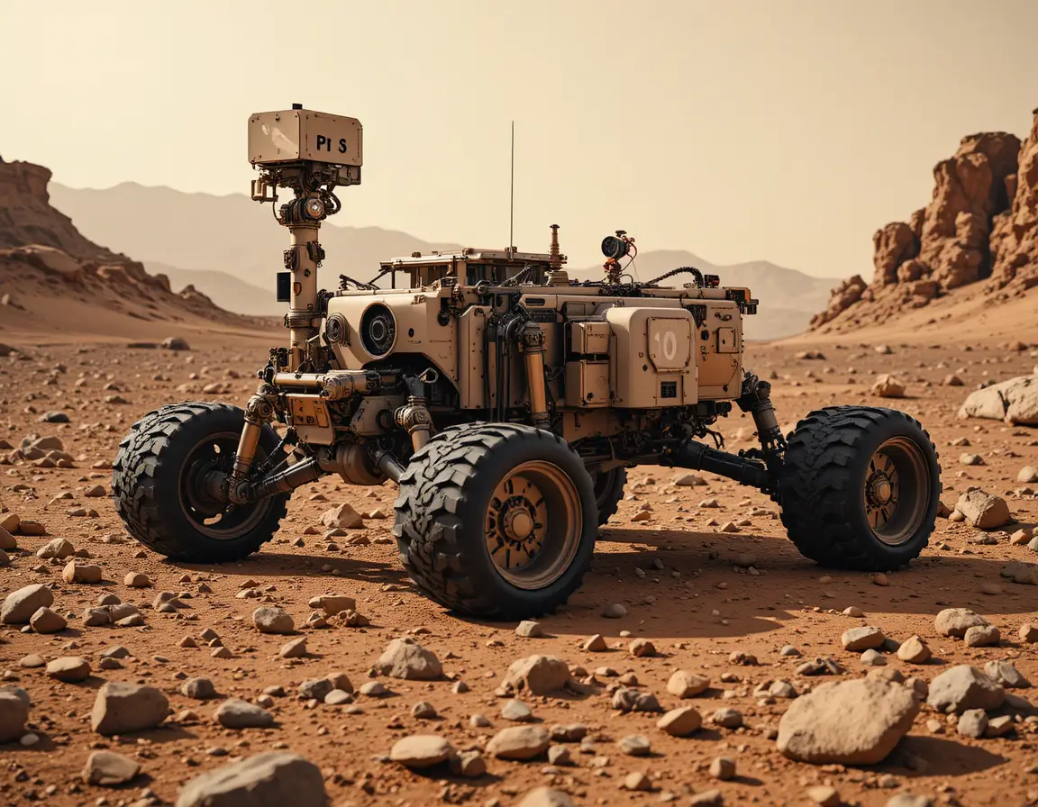 Mars exploration rover crossing a rocky red terrain