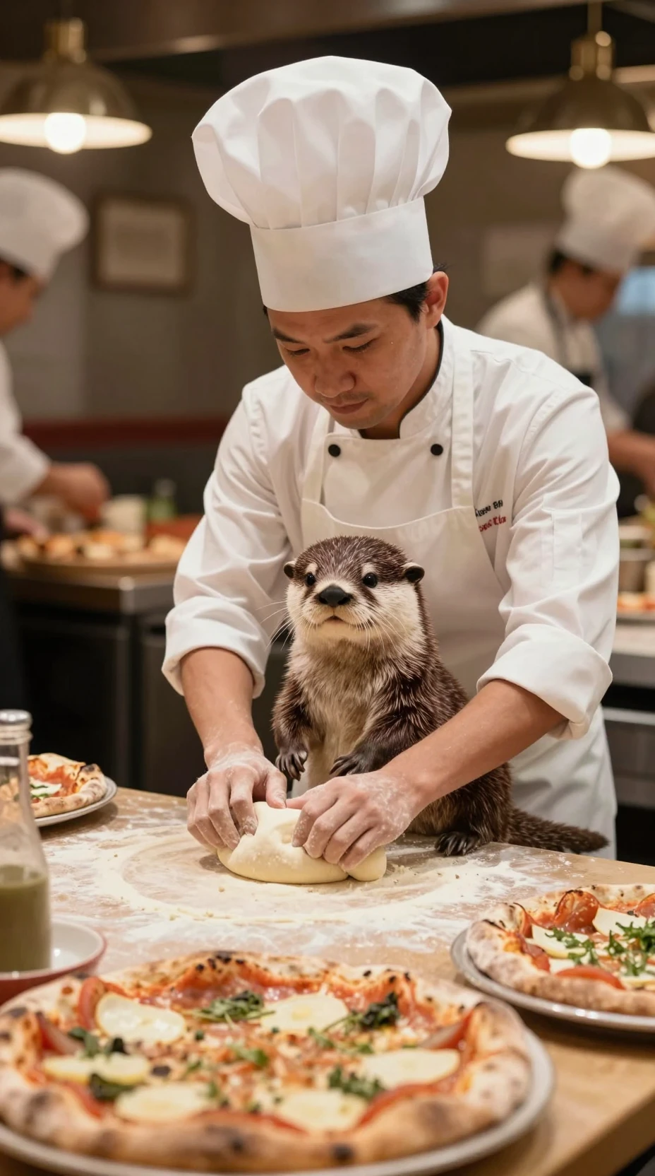 Otter-Pizzabäcker knetet Teig in italienischer Restaurantküche