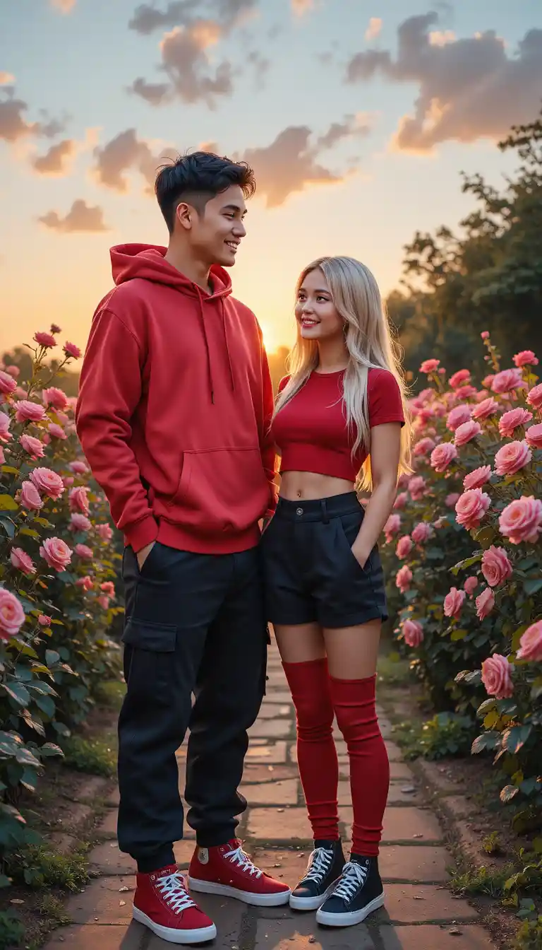 Young couple standing together in a sunset rose garden