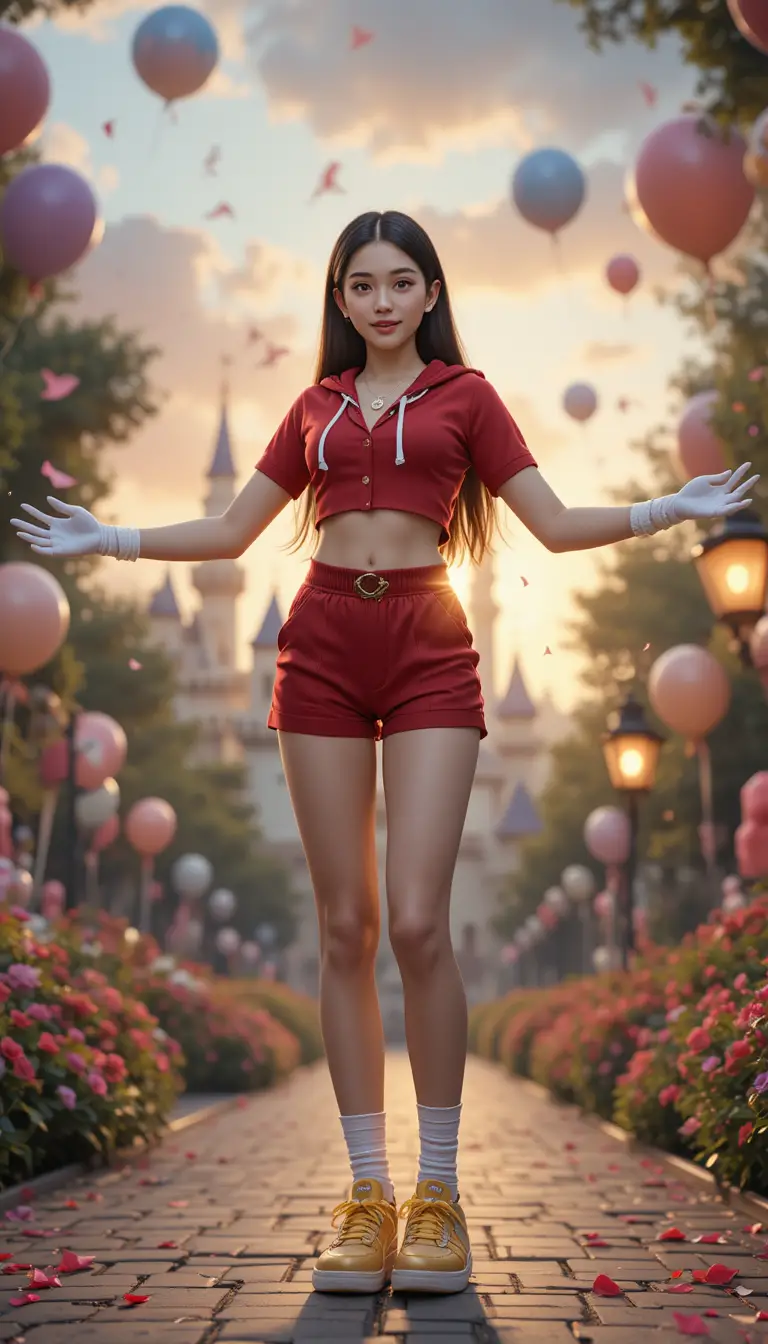 Garçon d’anime joyeux en hoodie rouge dans un parc fantastique