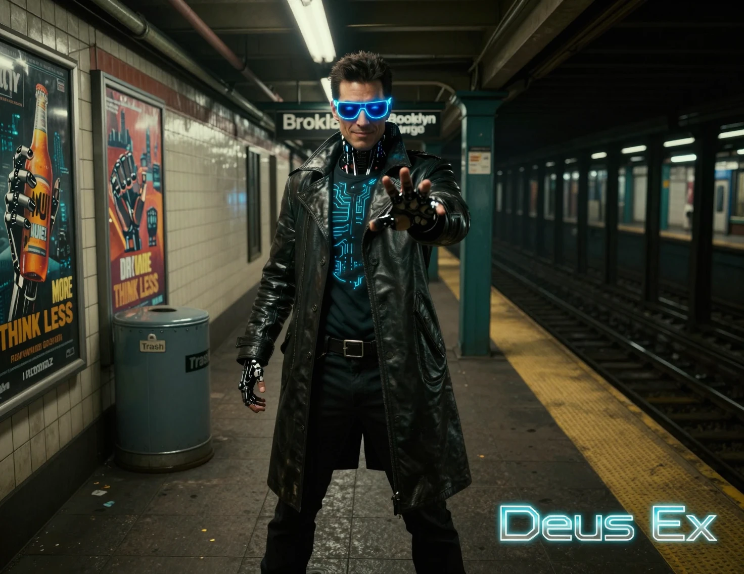 Detetive aumentado posando em uma plataforma de metrô escura