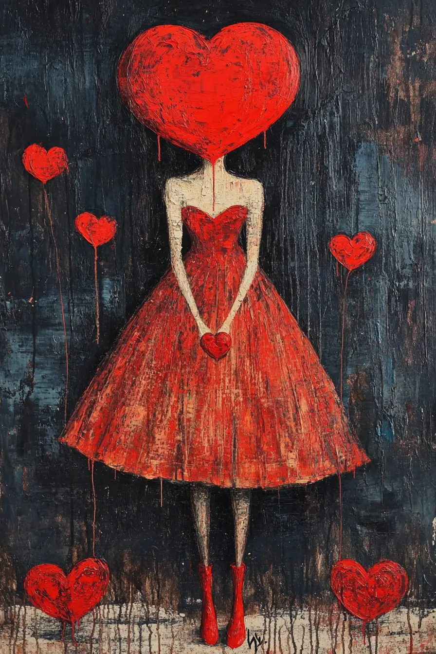 Femme surréaliste sans visage en robe rouge avec tête en forme de cœur