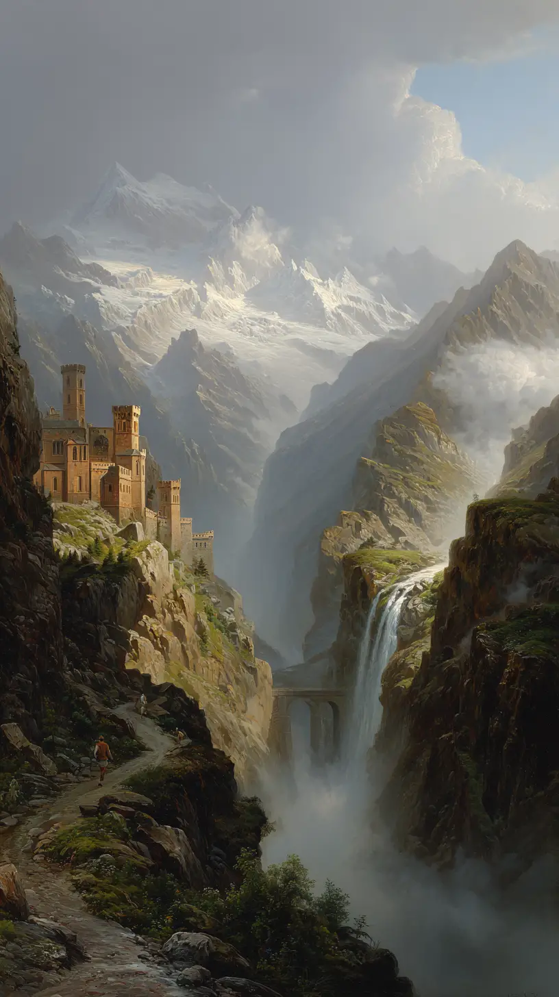 Romantisches Bergtal mit Schloss und Wasserfall