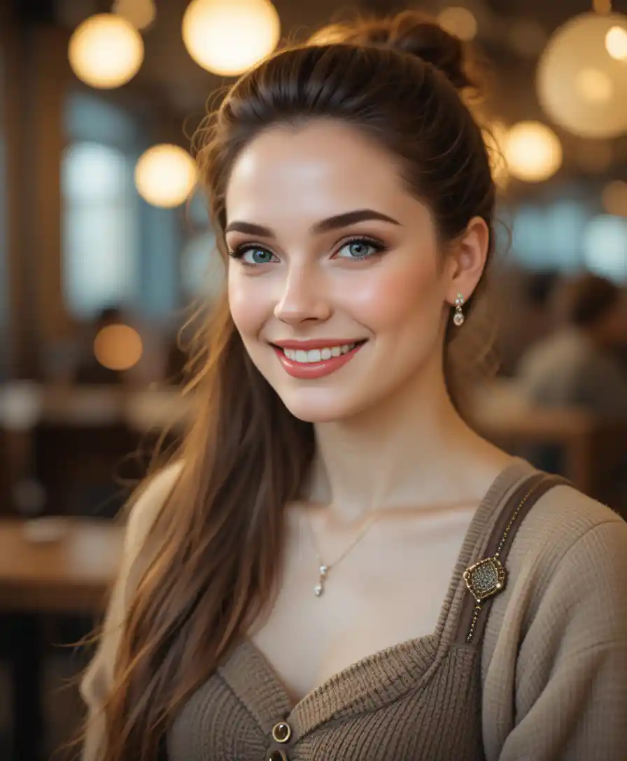 Young woman in a cozy cafe with soft cinematic light