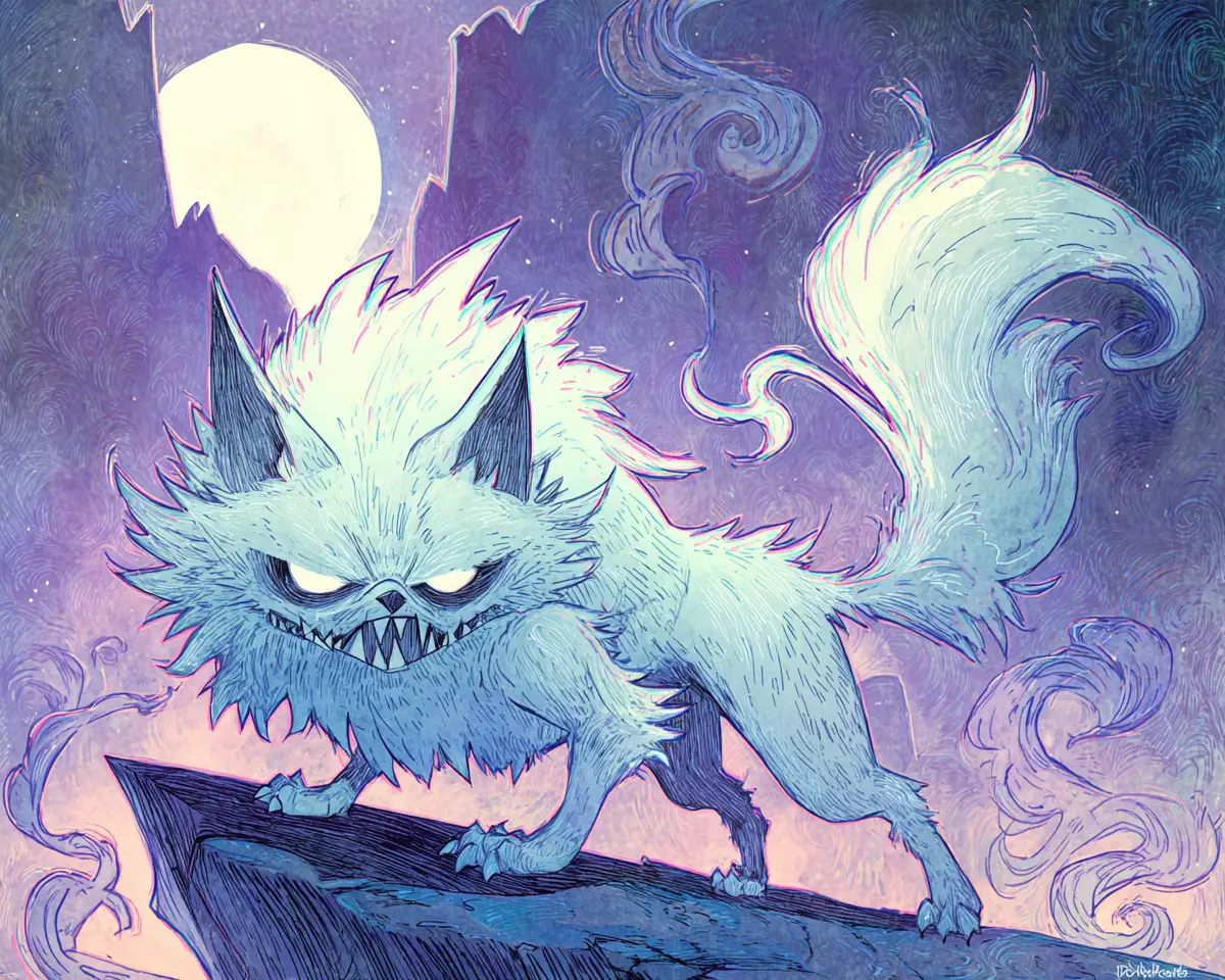 Finsterer Silberwolf an einer mondbeschienenen Fantasysteilküste
