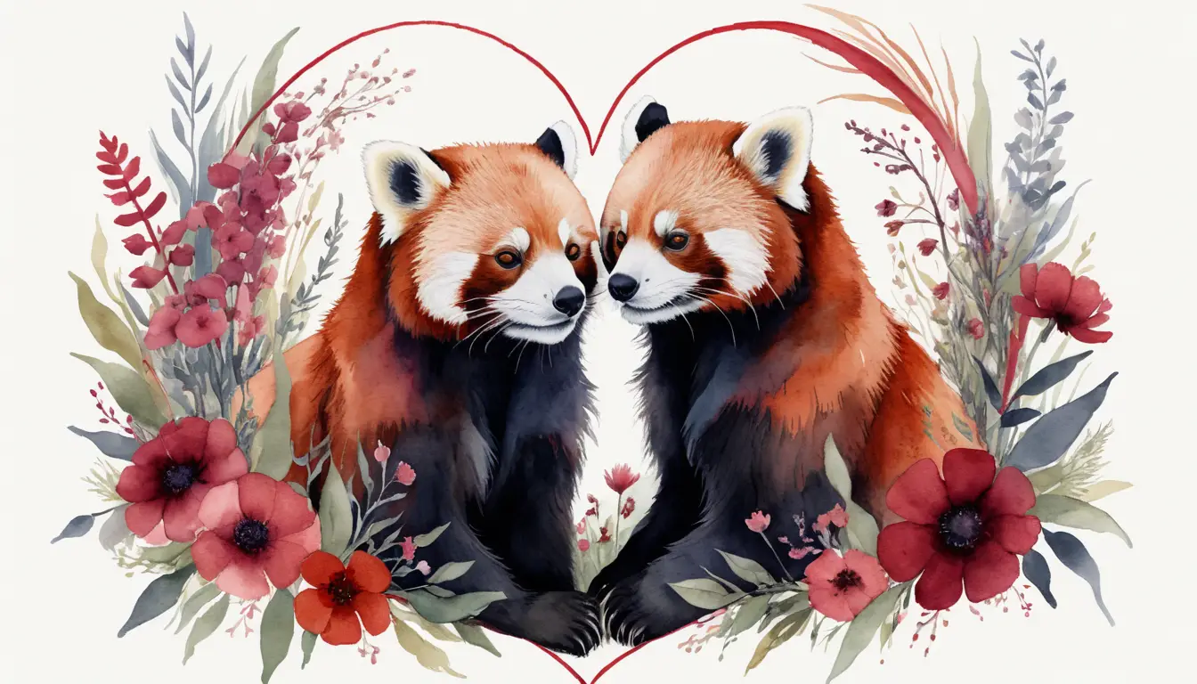 Red pandas forming a heart amid ink painted wildflowers