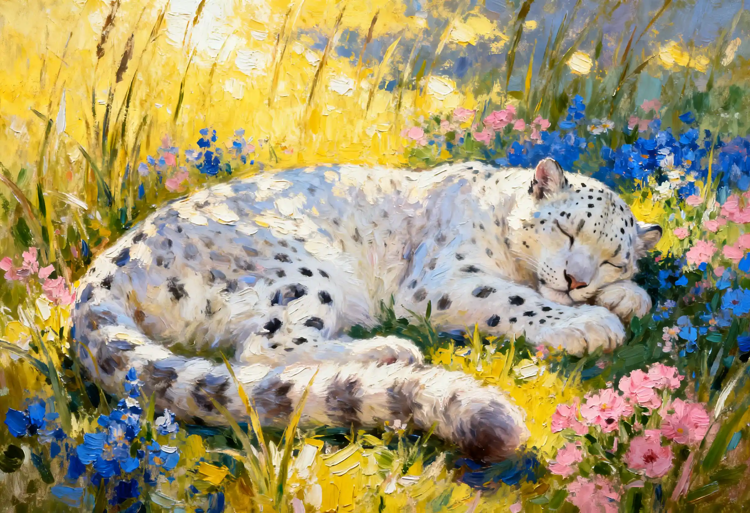 Pintura de Leopardo-da-neve Dormindo em Prado de Flores Silvestres
