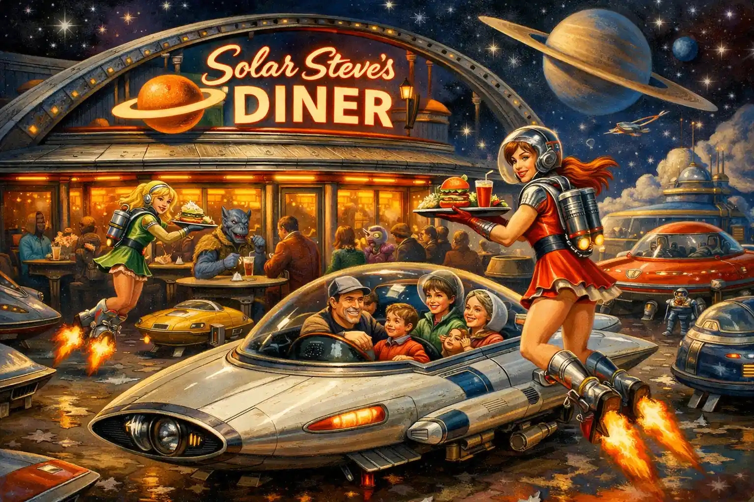 色彩繽紛的復古太空餐廳，擠滿人類與外星人