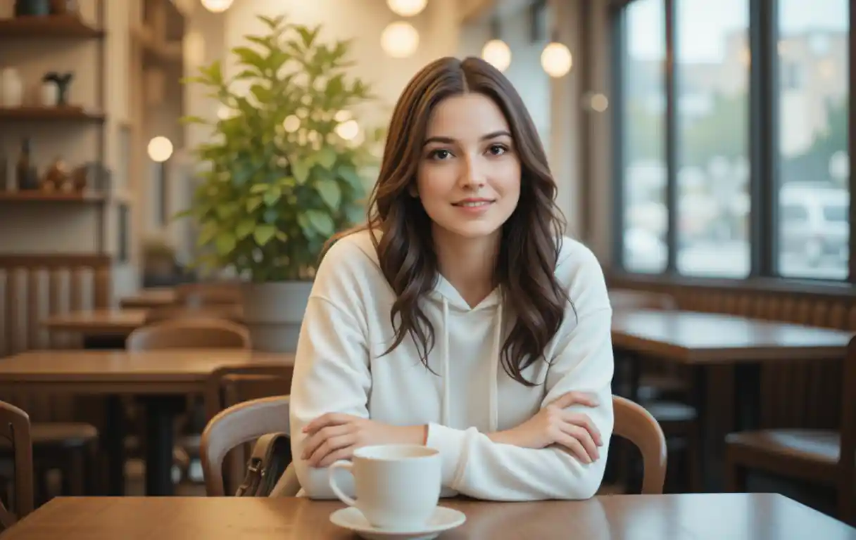Junge Frau lächelt an einem Tisch in einem gemütlichen Café