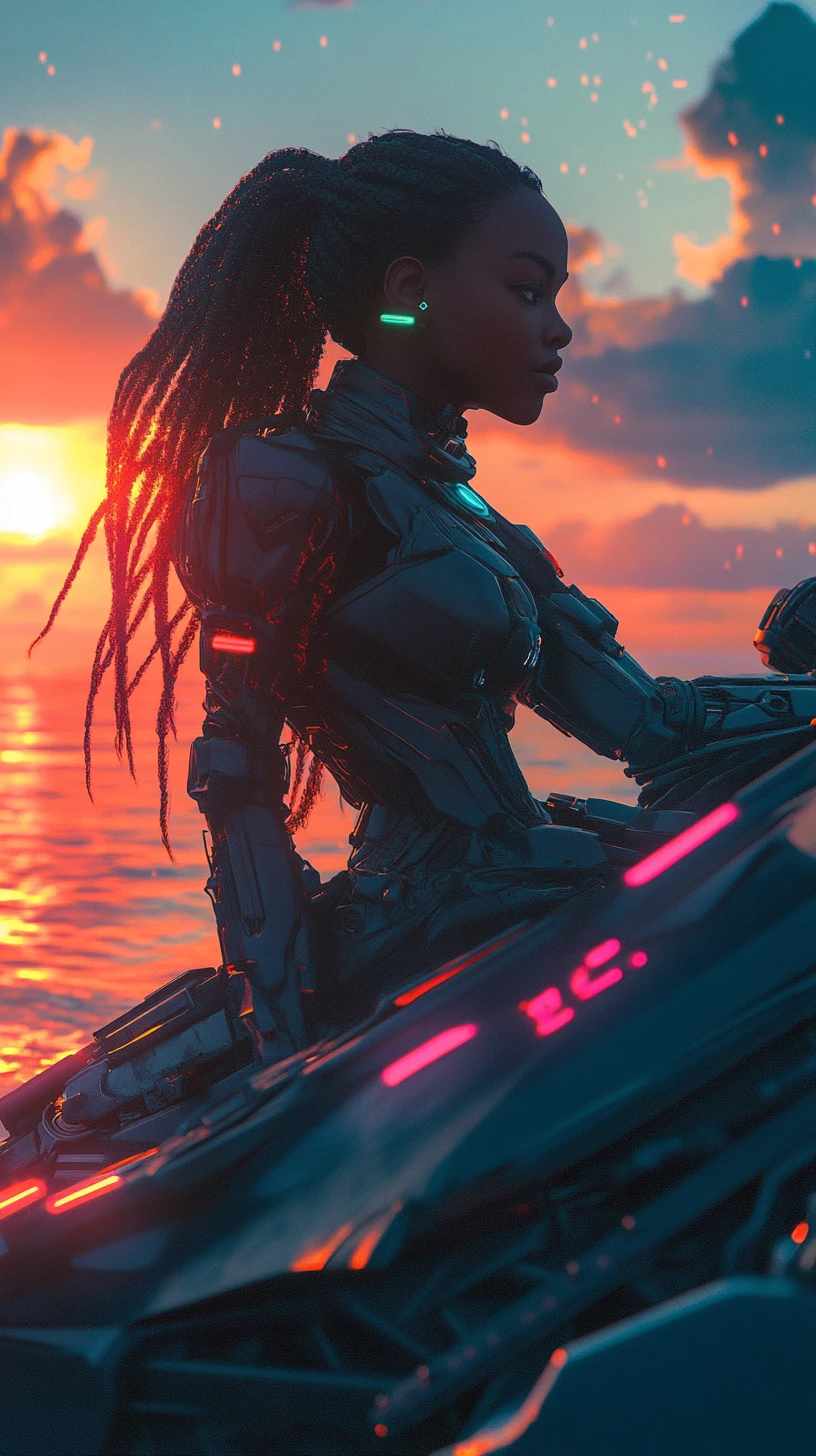 Afrofuturistic warrior woman on mech at ocean sunset