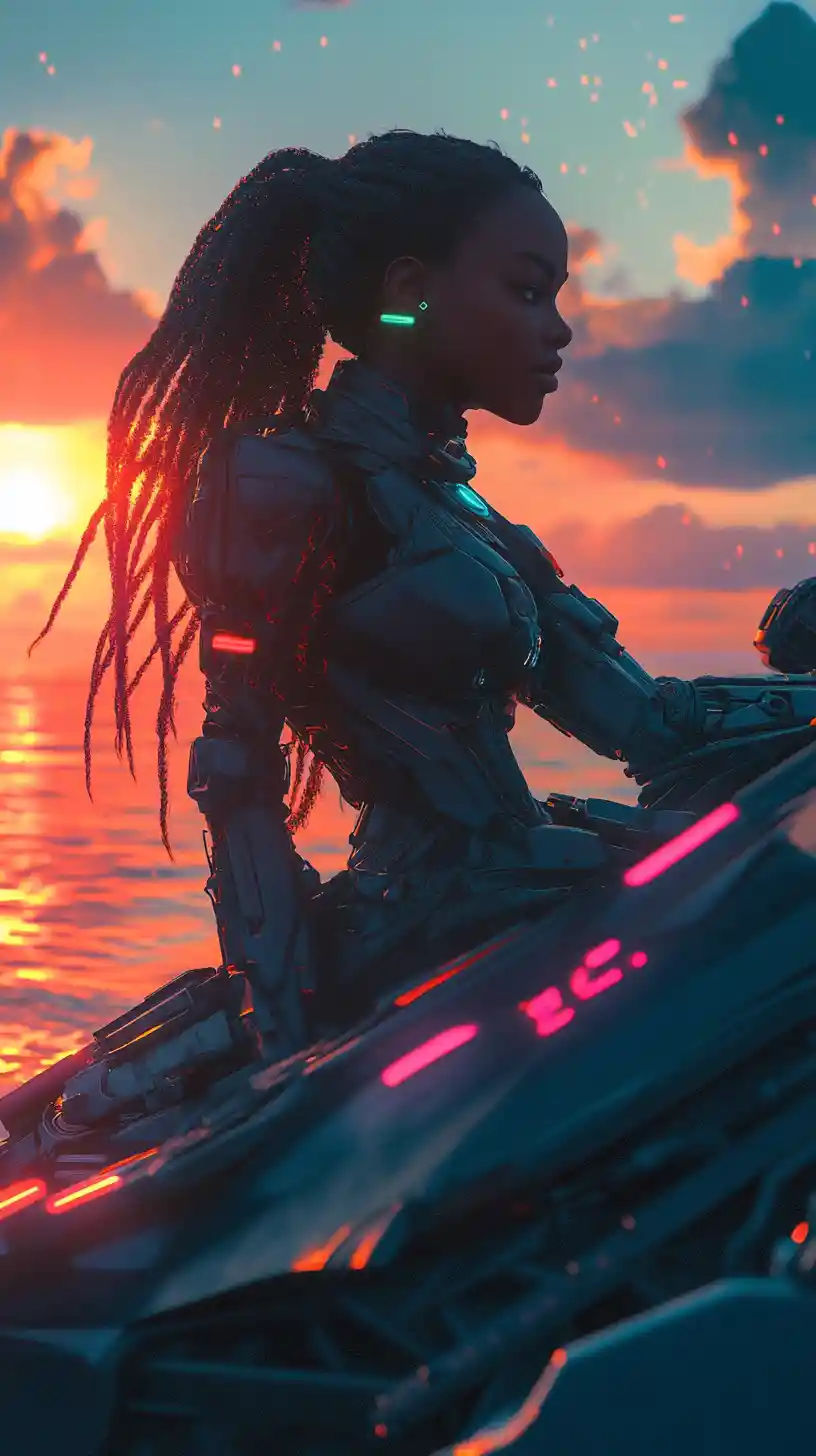 Guerriera afrofuturistica su mech al tramonto sull’oceano