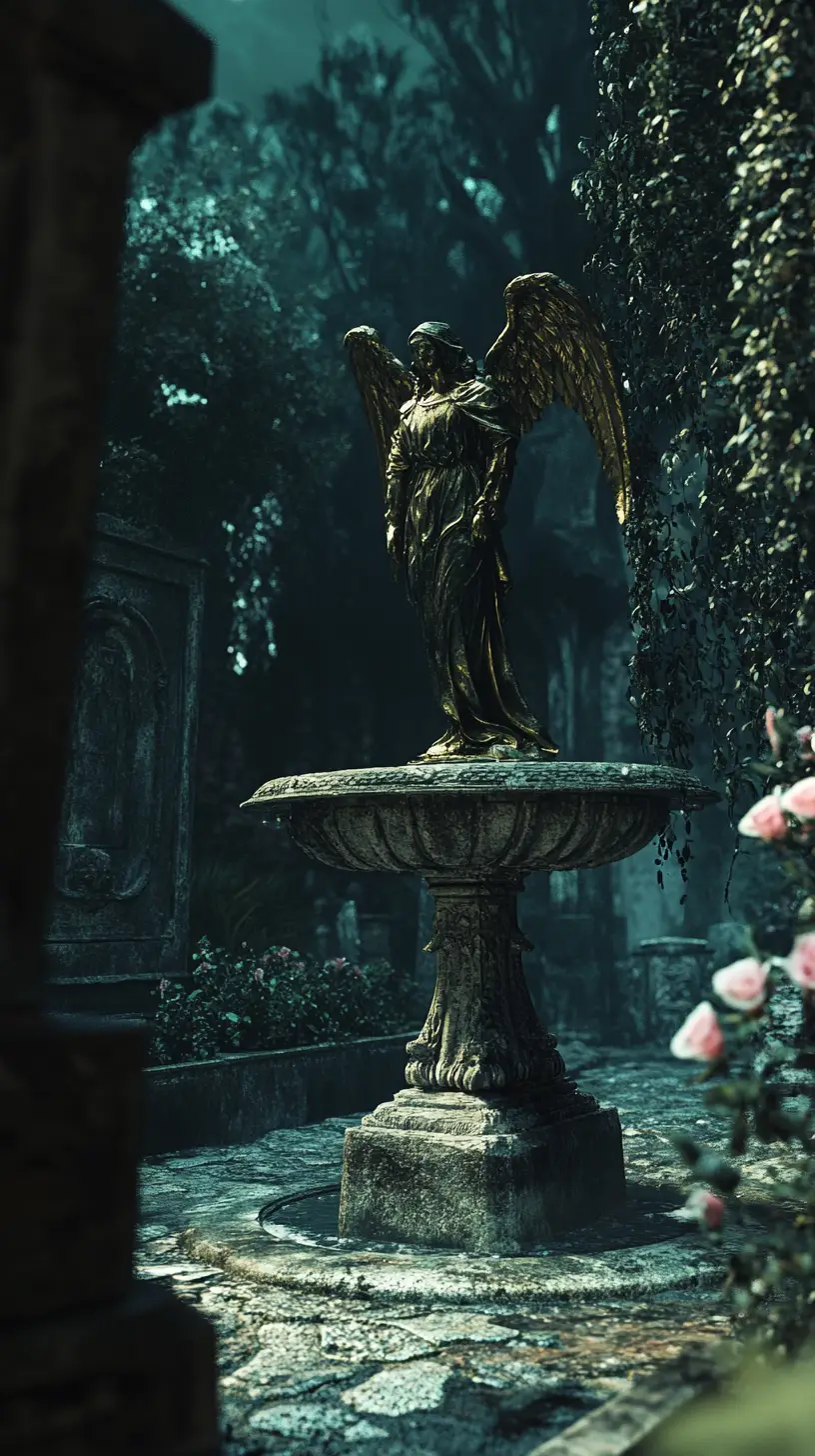 Ornate stone fountain with angel in a dark summer garden