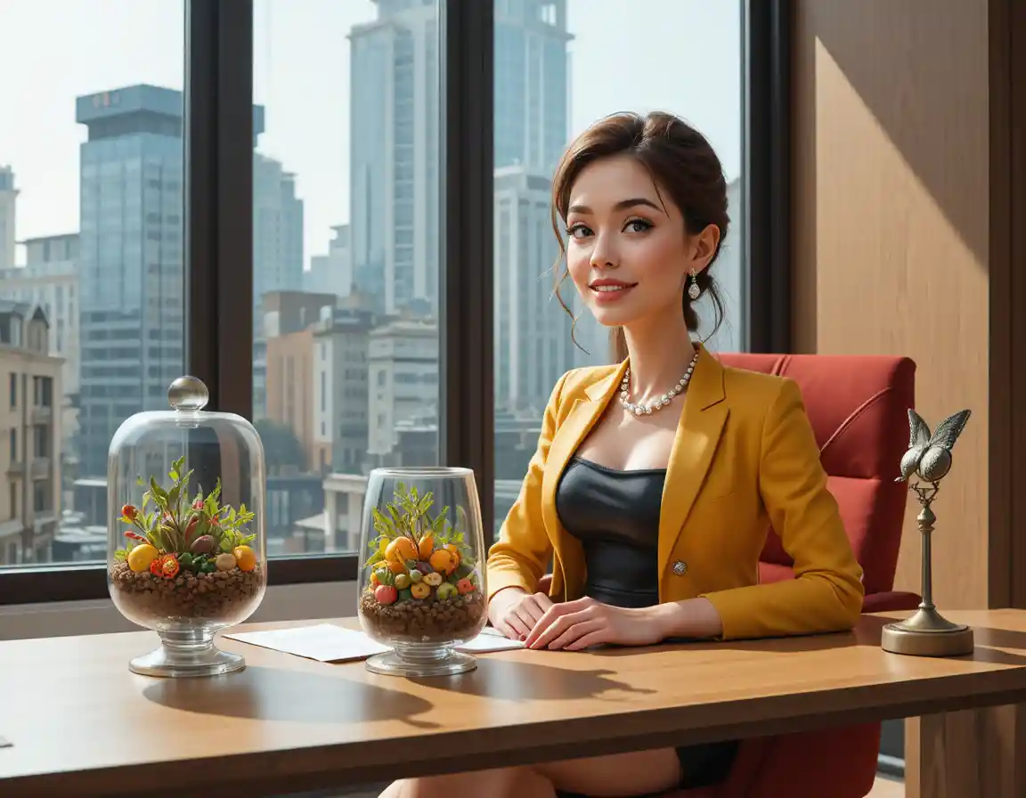 Mulher calma de blazer amarelo sentada em escritório moderno