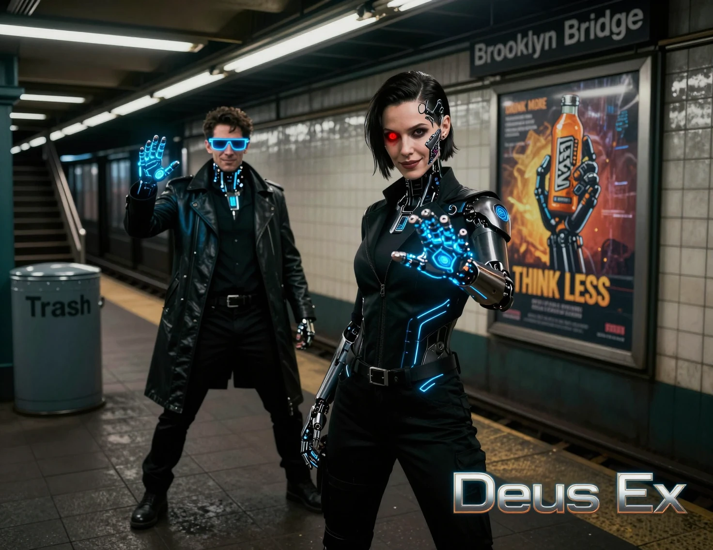 Female cyborg on a dim subway platform at night