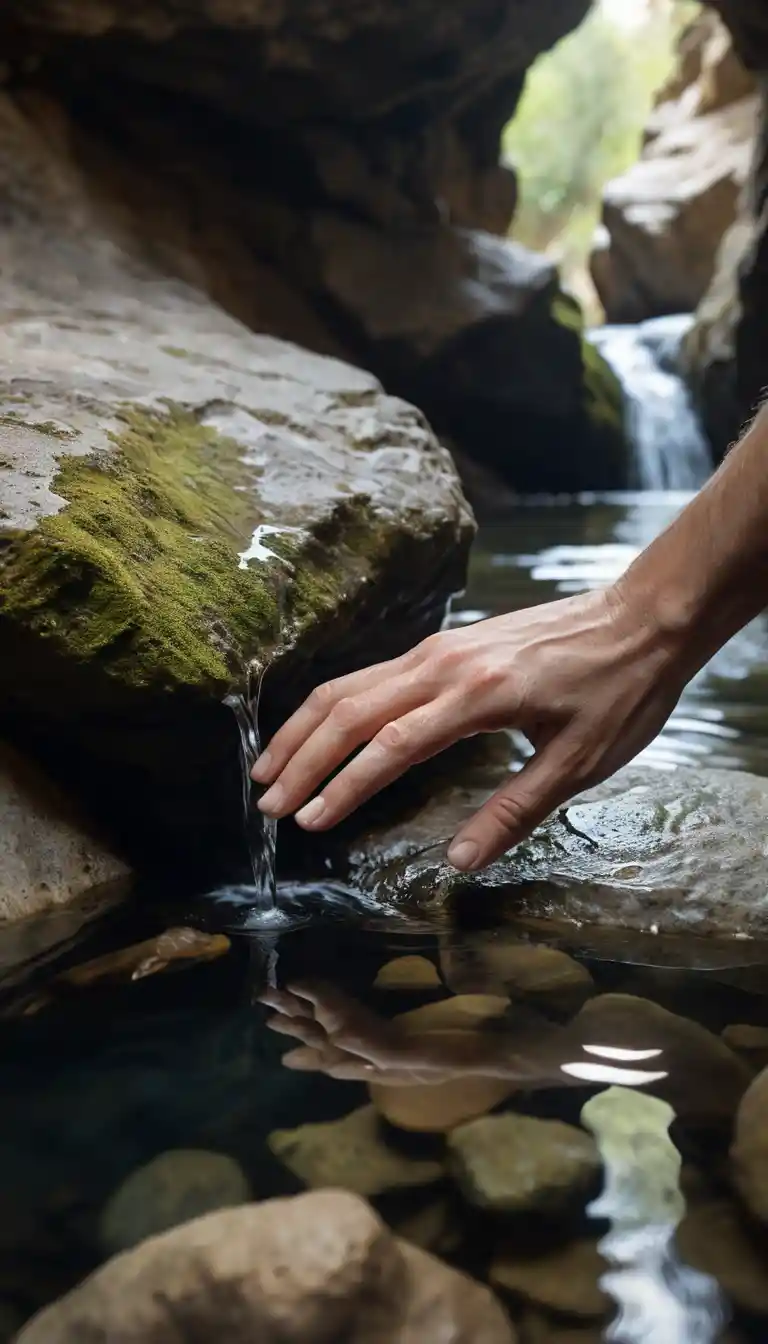 Main Touchant l’Eau de Source Courante dans une Grotte Rocheuse