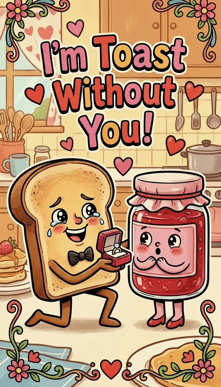 Retro-Valentinskarte mit Toast-und-Marmelade-Heiratsantrag-Illustration