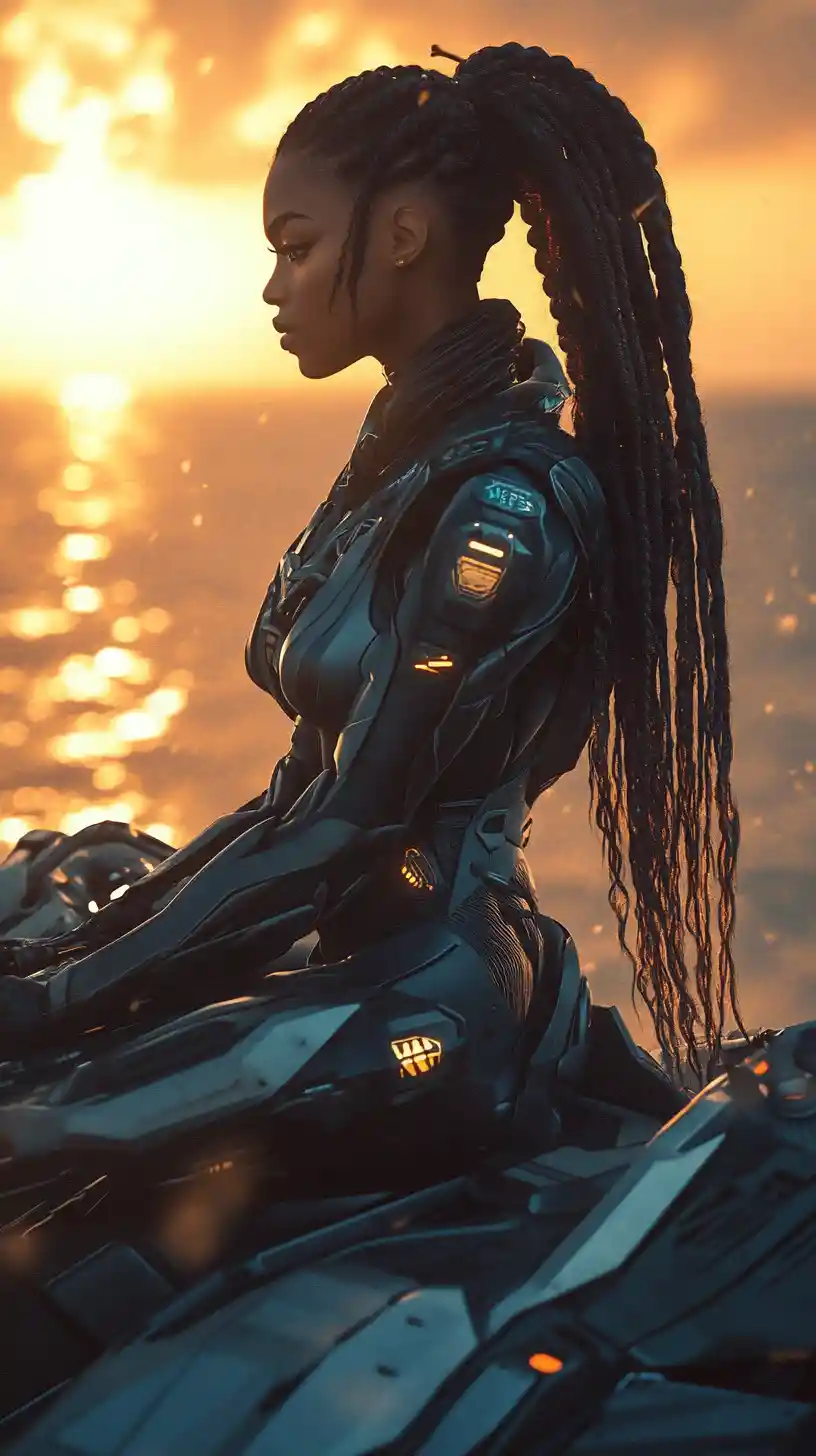 海辺の夕焼けに佇むアフロフューチャリスティックなメカ少女戦士