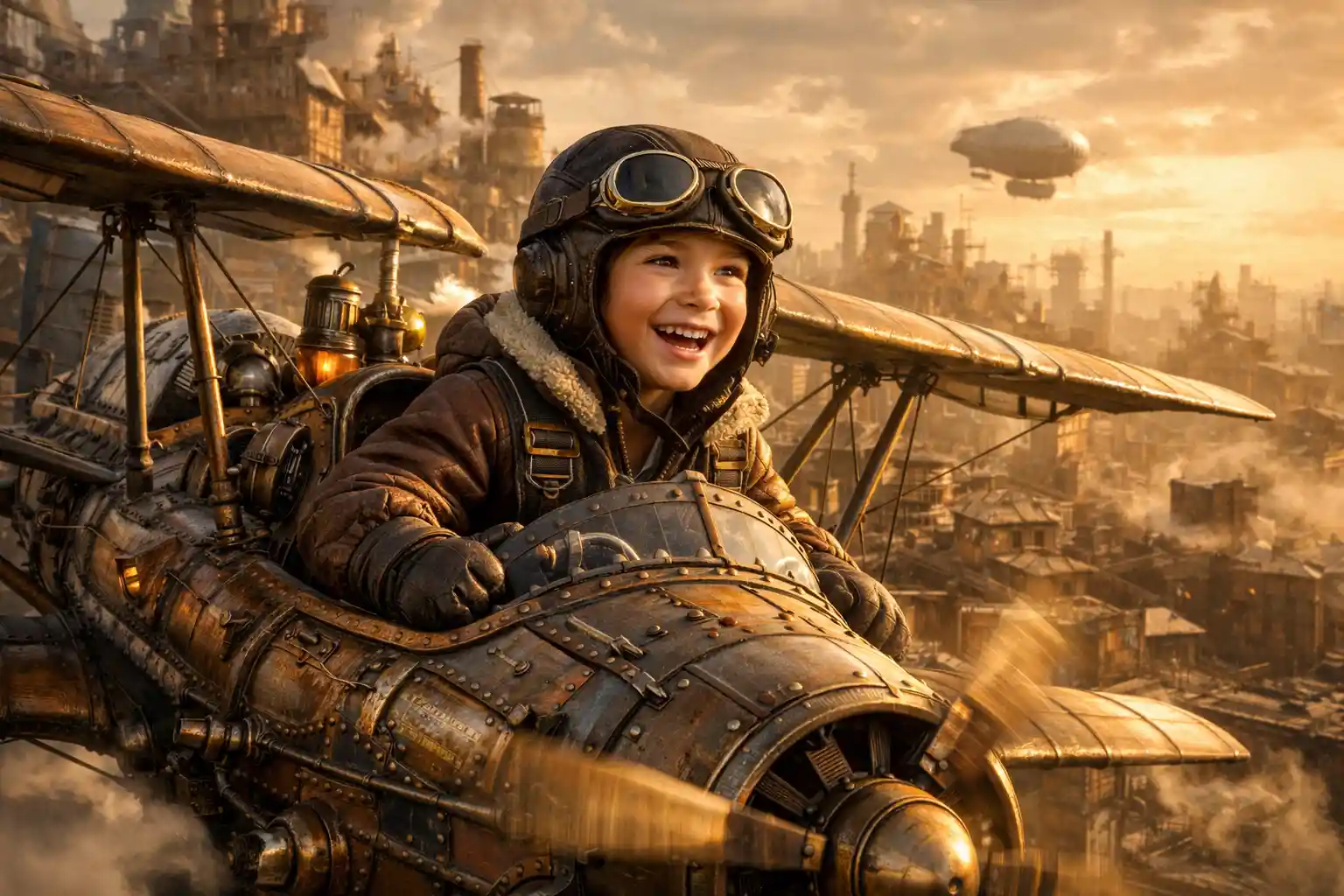 Gioioso giovane aviatore che vola sopra una città steampunk