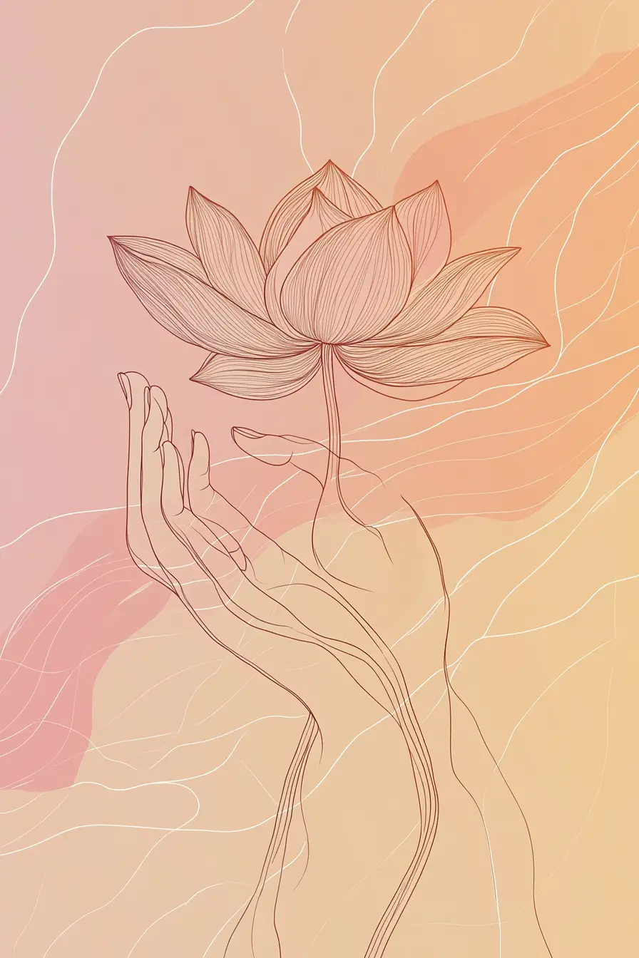 Elegante disegno lineare di una mano che tiene un fiore di loto