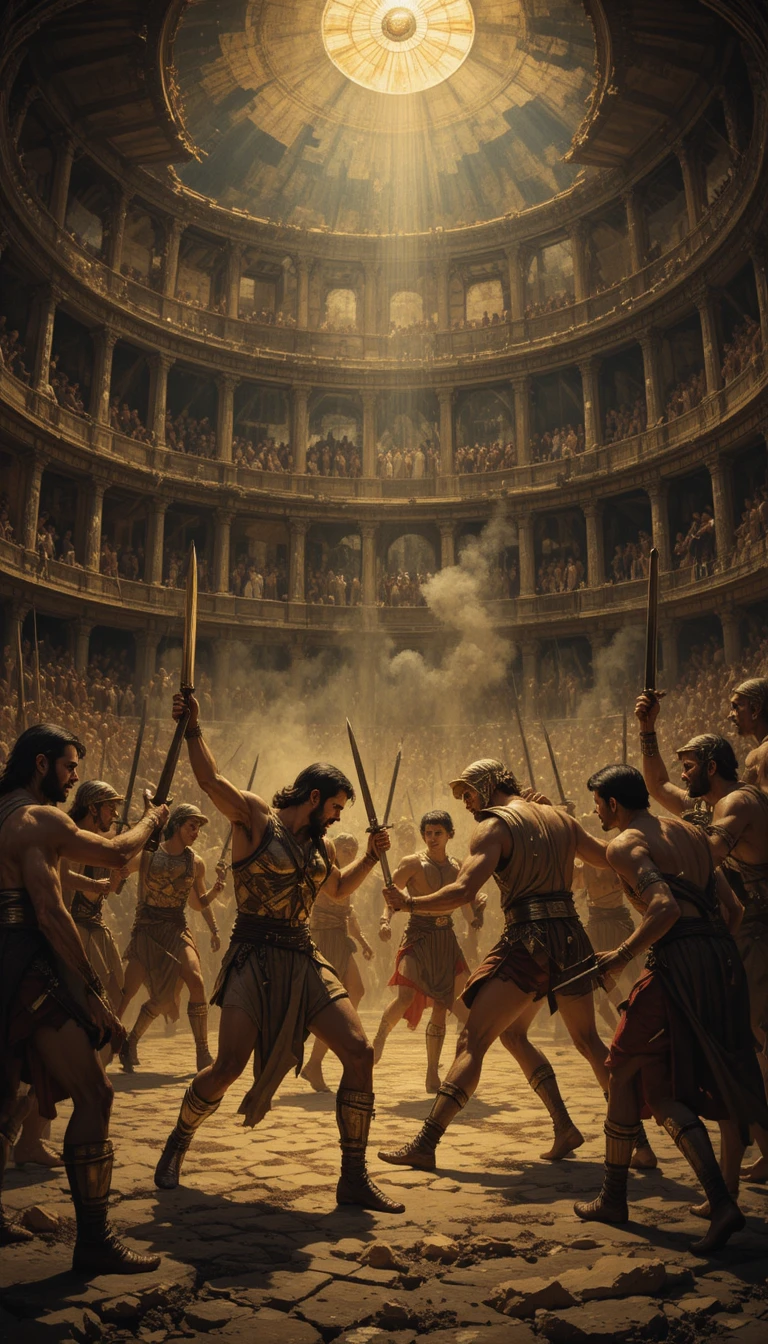 Gladiadores chocan con espadas cortas en un coliseo oscuro