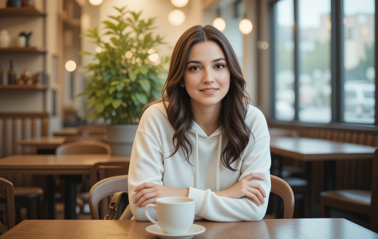 Junge Frau lächelt an einem Tisch in einem gemütlichen Café