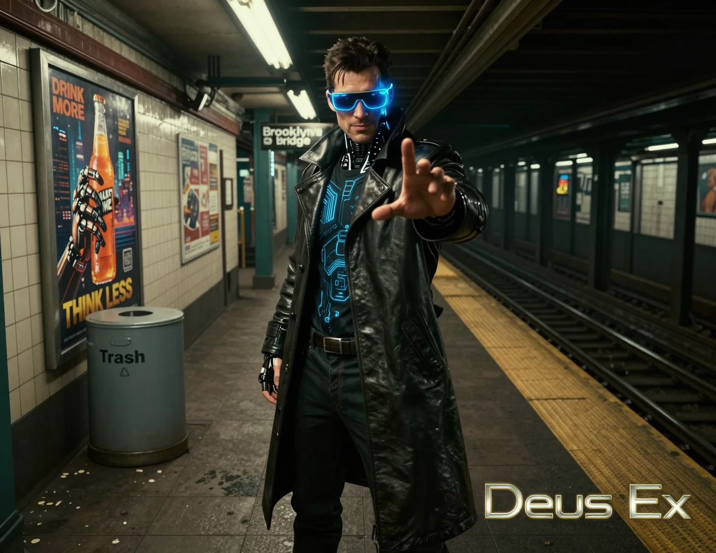 Detetive cyberpunk em plataforma de metrô sombria estendendo a mão
