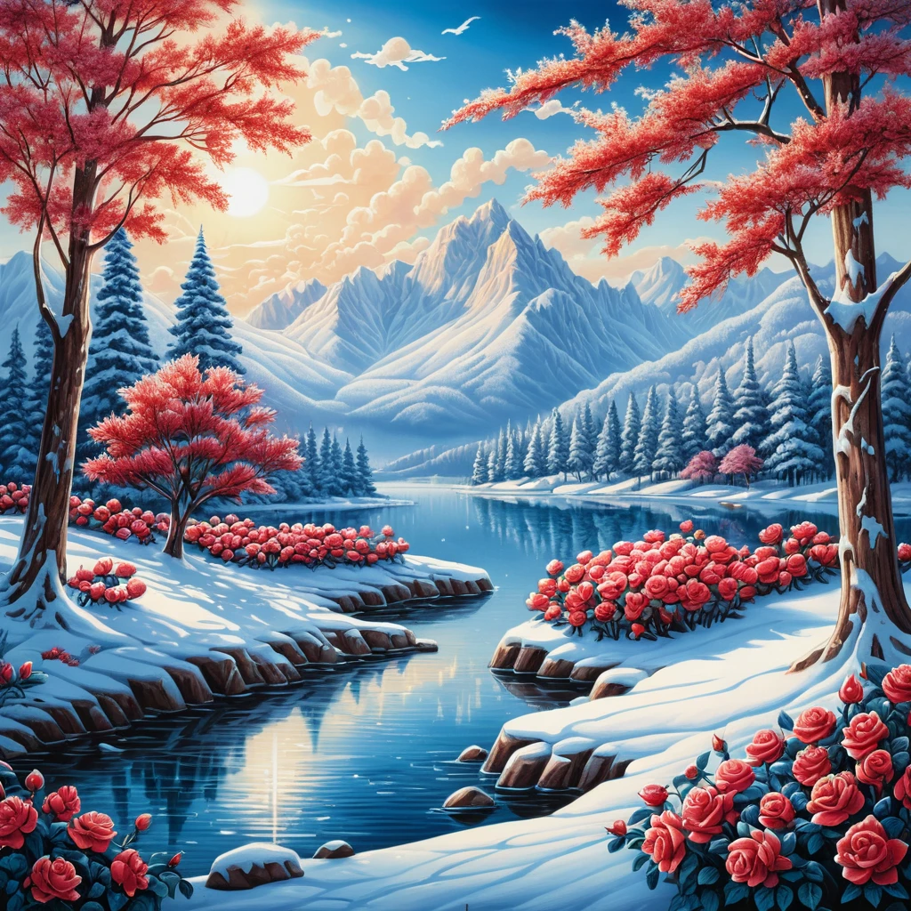 Prairie d’hiver enneigée avec arbres et lac de montagne au loin