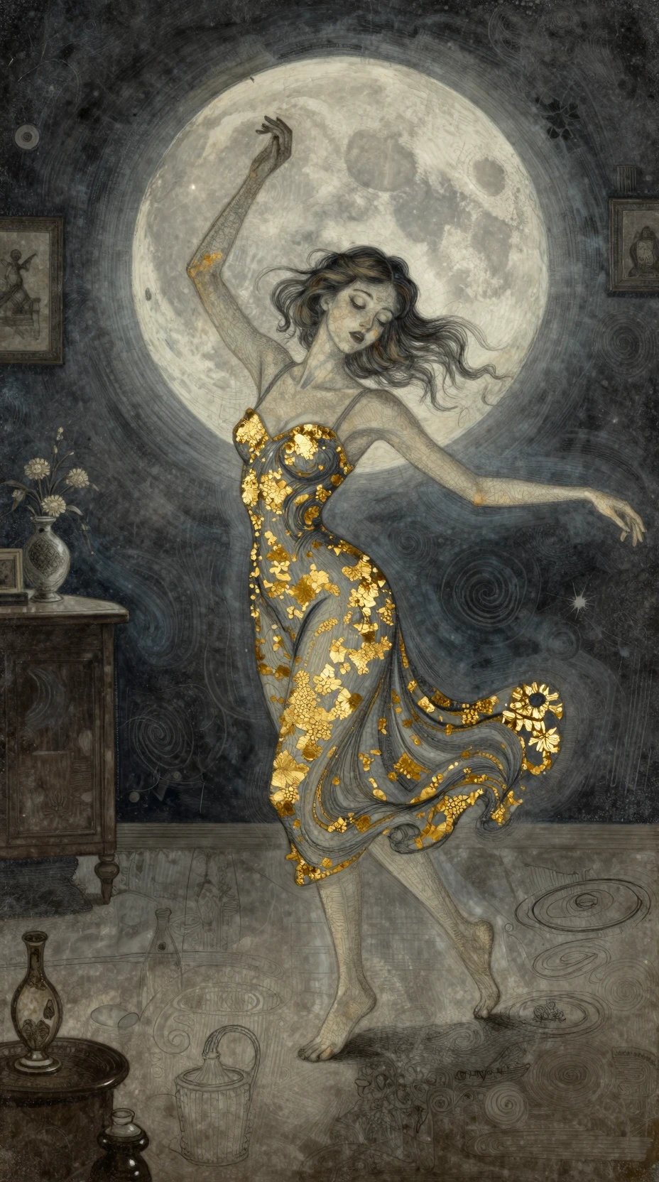 Femme dansant avec joie dans une chambre vintage au clair de lune
