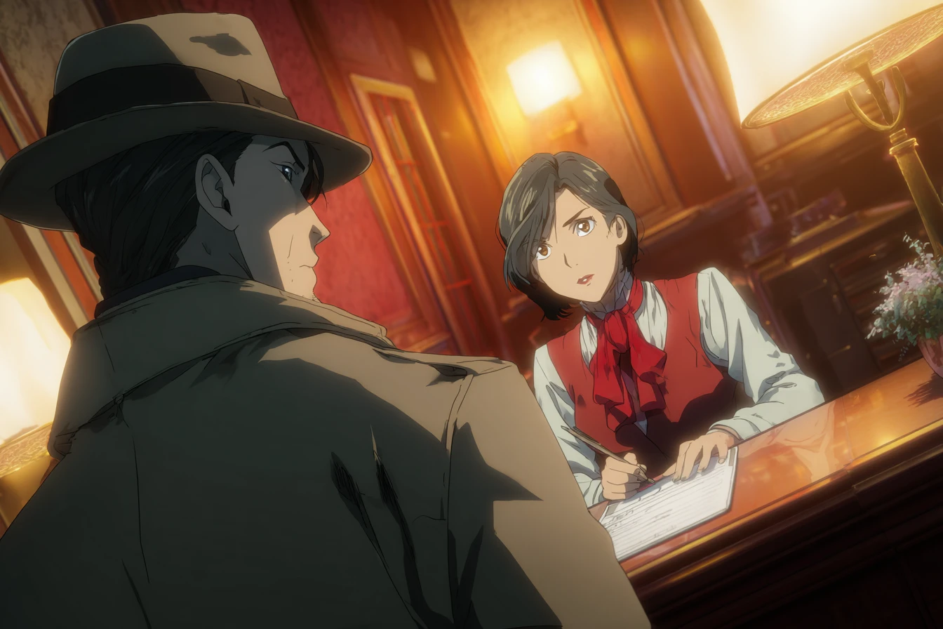 Anime detective questioning clerk in a dark hotel lobby