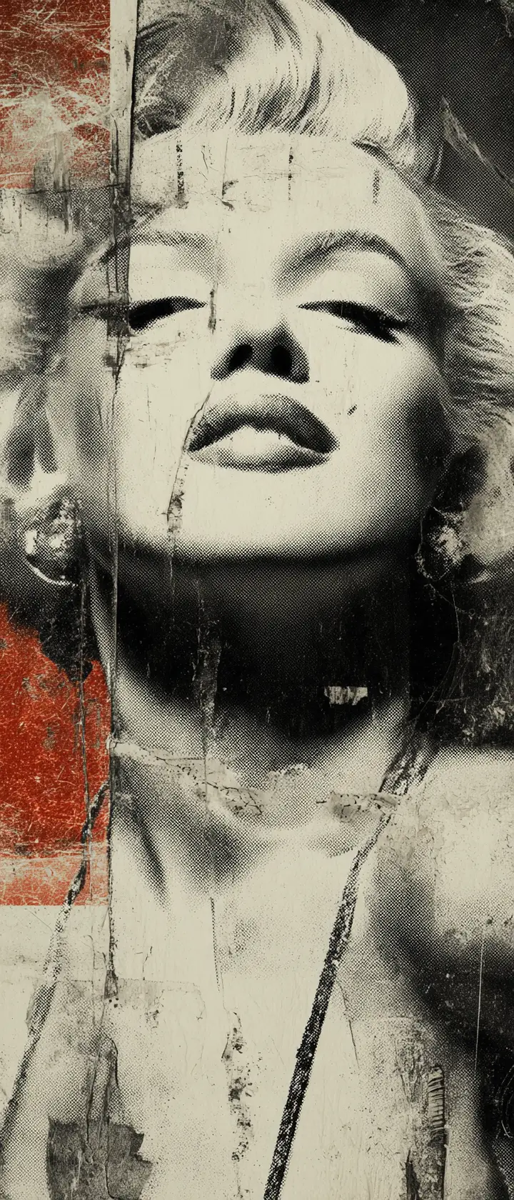 Retrato Fragmentado de Marilyn Monroe em Colagem Monocromática Enfumaçada