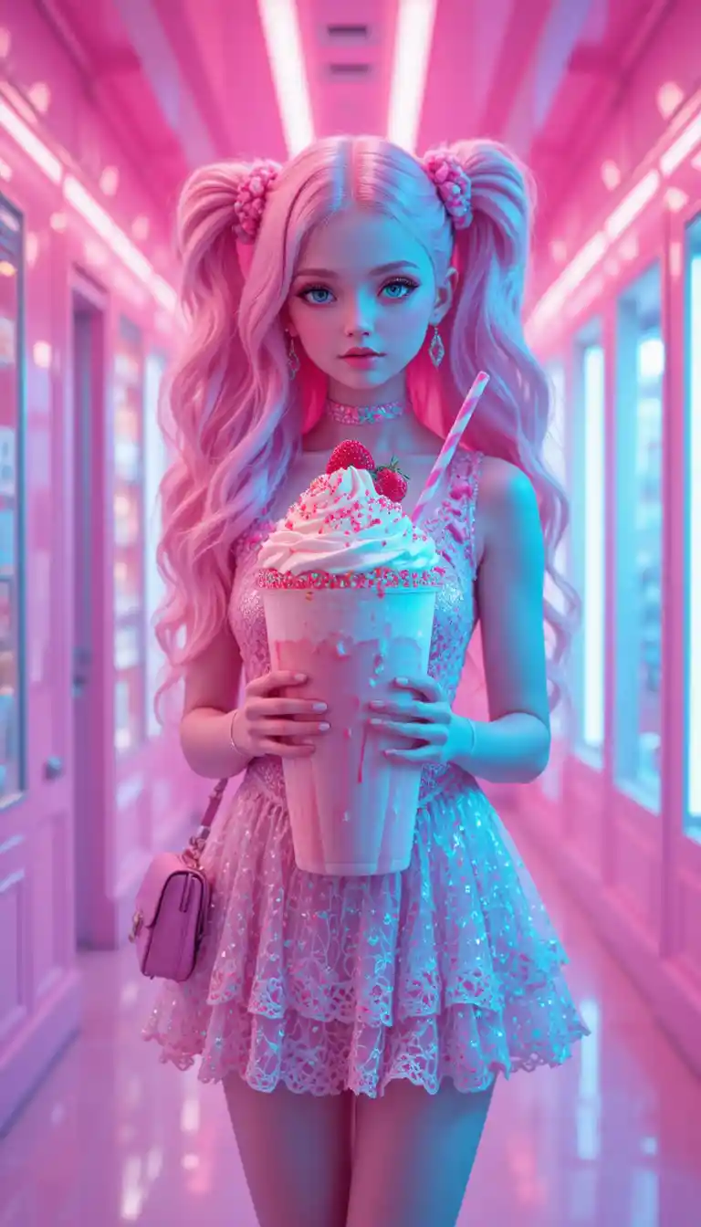 Fille d’anime rose pastel dans un couloir de desserts lumineux