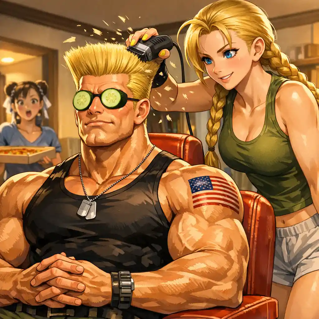 Homme musclé façon anime recevant une coupe flattop dans un appartement