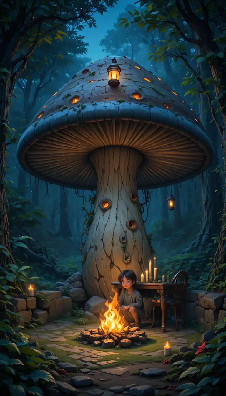 Enfants près d’un feu de camp lumineux sous un champignon géant de la forêt
