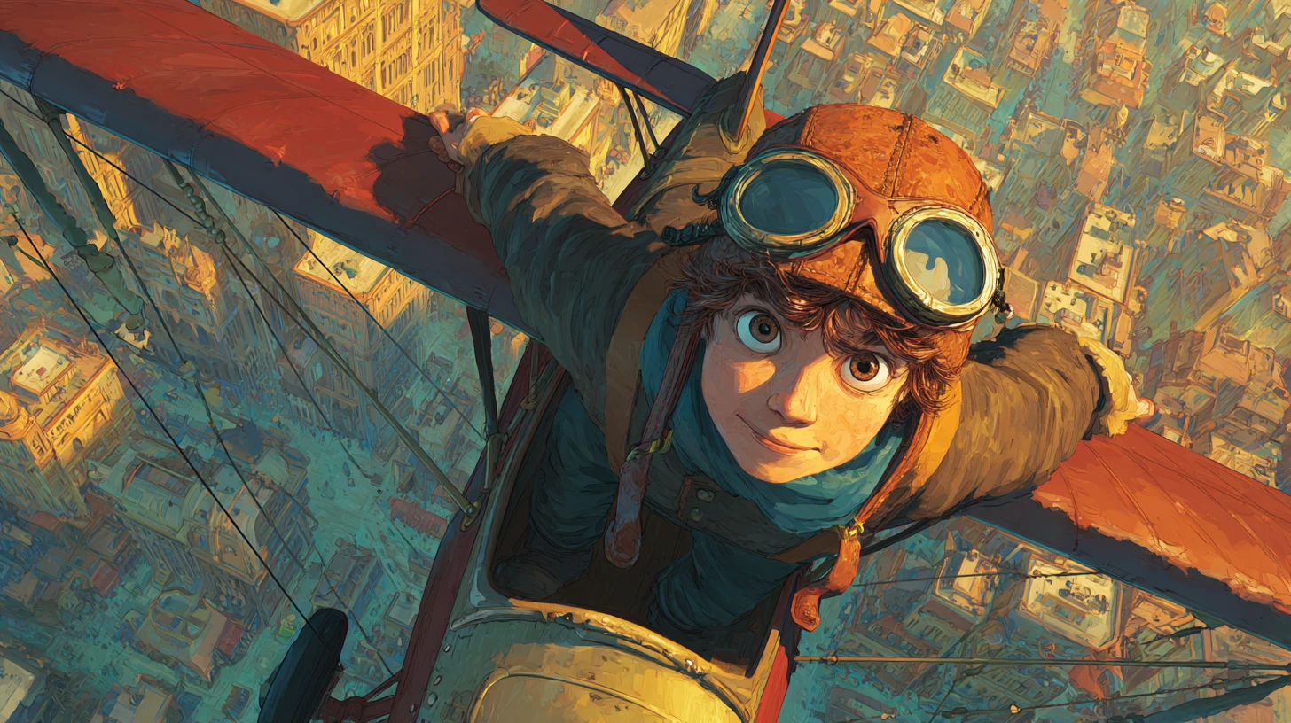 Joven aviador alegre volando sobre ciudad steampunk