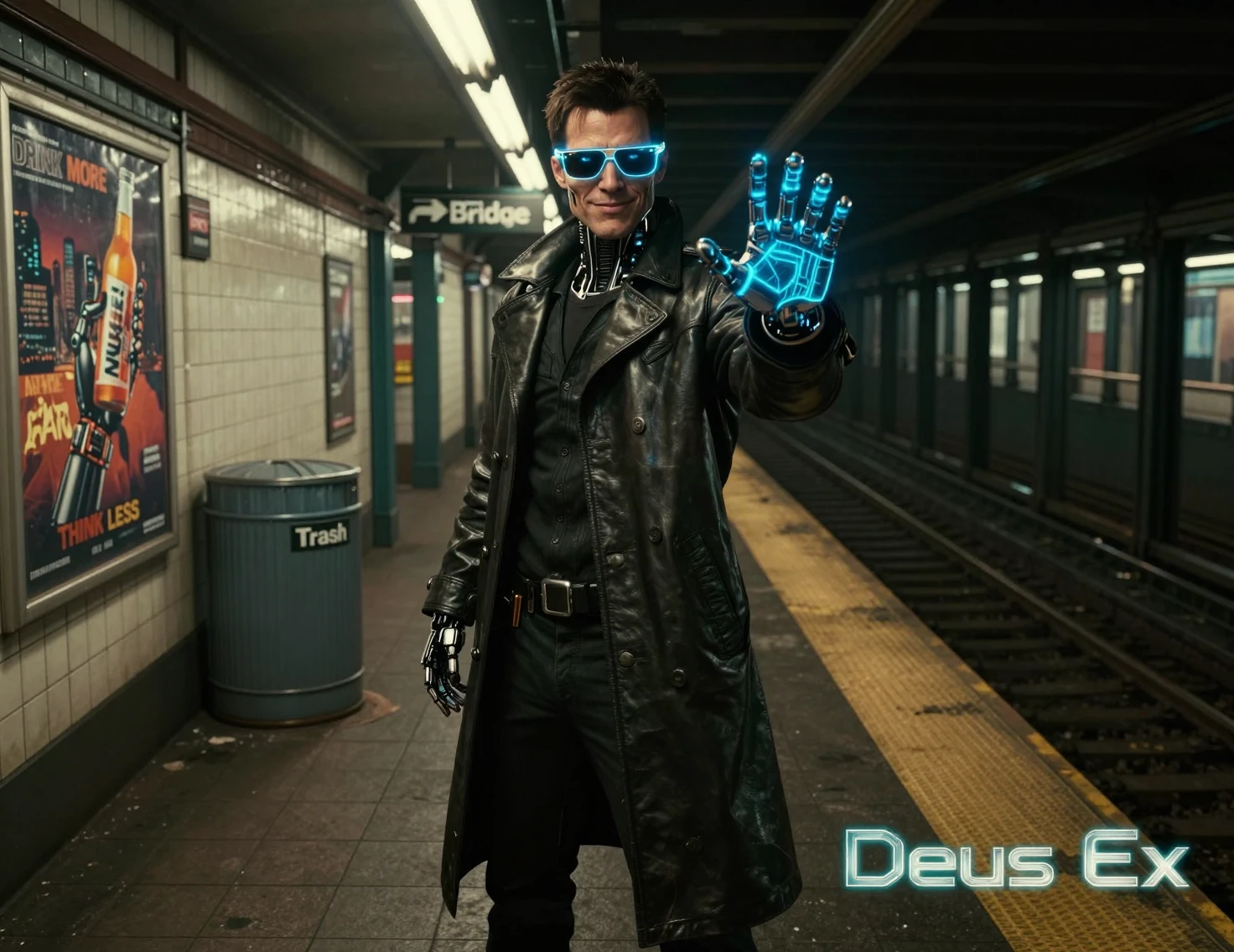 Detetive aumentado posando em uma plataforma de metrô cyberpunk sombria